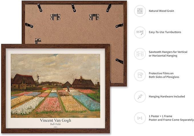 Monem Art Vintage Van Gogh Poster - Retro Bulb Fields Print - Flower Beds in Holland Art - Impressionism Art - Fine Art - Classic Painting Art - Great Bedroom Wall Decor - 16x20 Brown Framed