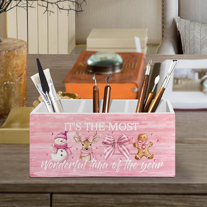 Pink Christmas Pen Pencil Holder Organizer for Desk Accessories, Preppy Coquette Bow Snowman Reindeer Gingerbread Wooden Box Sign Desk Decor for Girly Bedroom Dorm Room Decoration