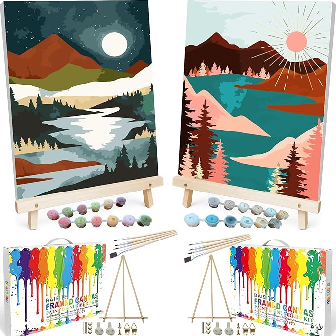 BAISITE Paint by Numbers Kit for Adults Beginners,8" Wx12 L 2 Pack Canvas for Painting Kits for Adults in Colorful Box 6970-ALREADY Framed