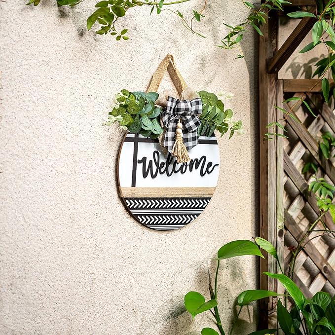 Welcome Sign for Front Door Decor - Walasis Hanging Welcome Signs for All Season Boho Wall Decoration 12inch Wooden Farmhouse Eucalyptus Wreath with Bow Beads for Home