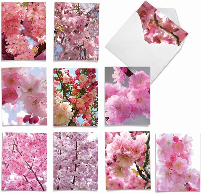 The Best Card Company - 10 Blank Note Cards with Flowers (4 x 5.12 Inch) - Floral Notecards, All Occasion Boxed Assortment - Cherry Blossoms AM6861OCB-B1x10
