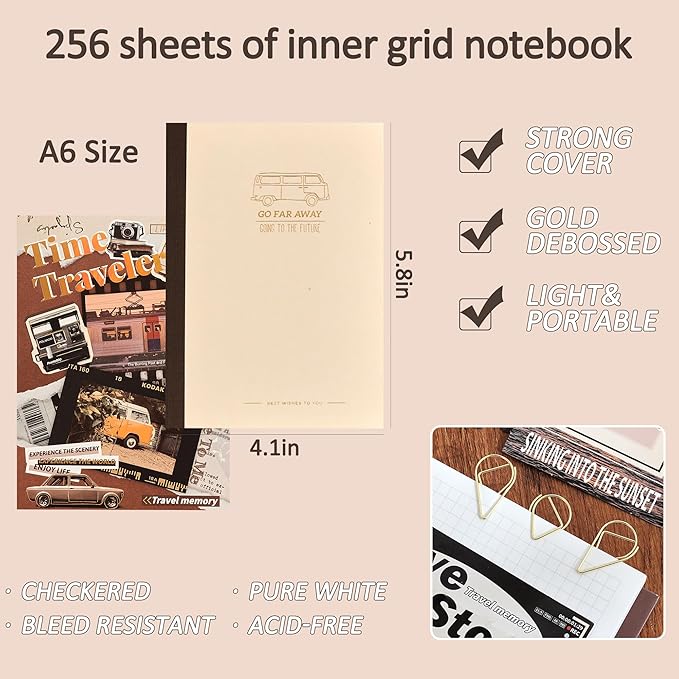 Scrapbooking Supplies Kit, Aesthetic Daily Life Travel Scrapbook Kit for Bullet Junk Journal, Stationery, A6 Grid Notebook, Flower DIY Journaling Supplies, Birthday Craft Gift Teen Girl Kid Women