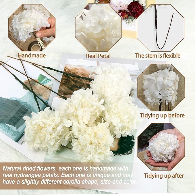 5 PCS Dried Preserved White Hydrangea Flowers - Length 14'' Corolla Size 3''-4'' Real Hydrangeas Petals Handmade for Vase, Arrangement Boho Style Home House Office Wedding Shower Valentine's Decor