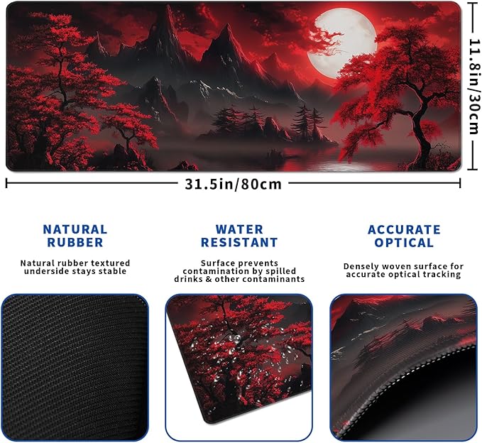Darkness Red Moon Mouse Pad Abstract Red Mouse Pad 31.5x11.8 Inch Texture Non-Slip Rubber Base Large Mousepad Stitched Edges Keyboard Mouse Mat Desk Pad for Office and Home (Darkness 3)