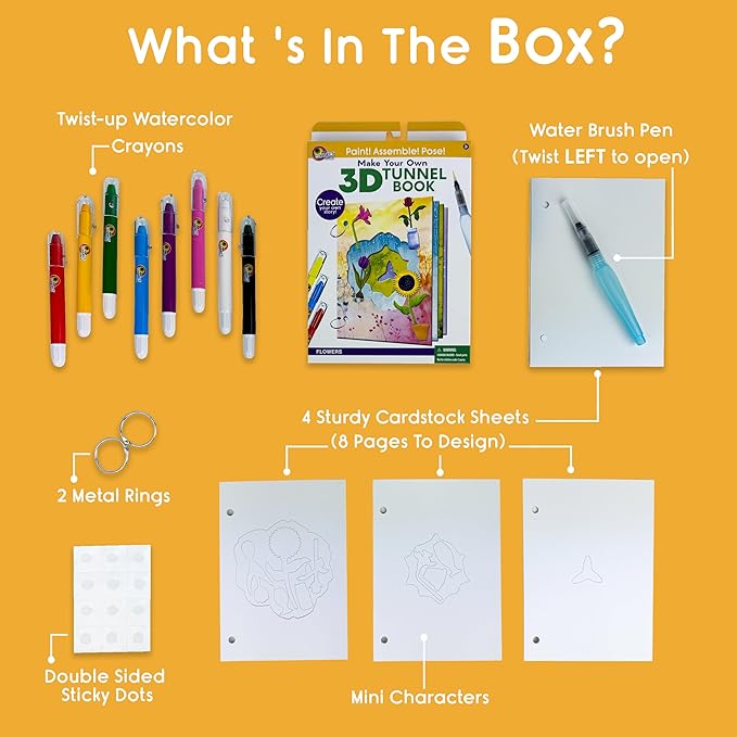 MAKE YOUR OWN 3D TUNNEL BOOK - FLOWERS & MINI POTS | Medium Size DIY Book Art & Craft Kit | Build, Paint & Draw Your Own Book with Mini Animals | Award-Winning STEAM Stationary Set | Ages 3+