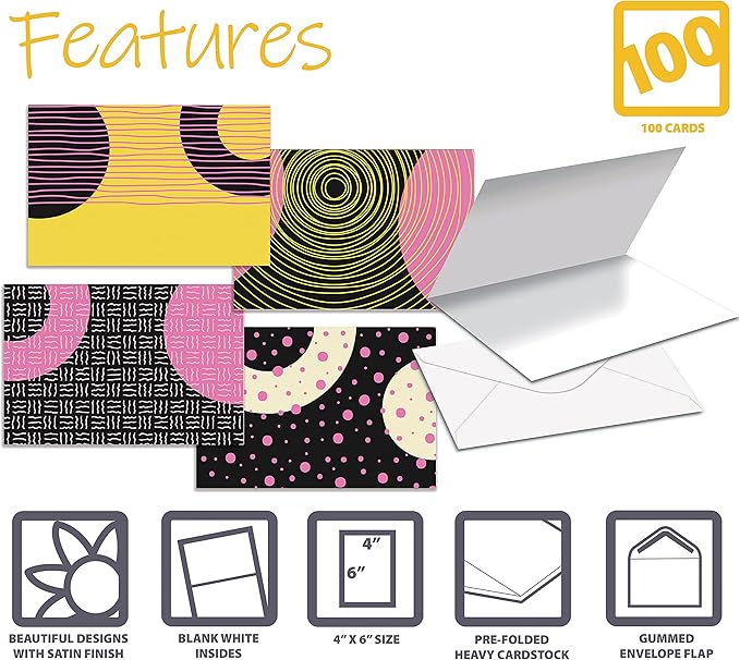 Better Office Products 100-Pack All Occasion Greeting Cards, Modern Art Designs, Assorted Blank Note Cards, 4 x 6 inch, 6 Exclusive Abstract Designs, Blank Inside, with Envelopes