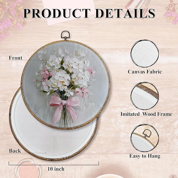 FUGWN Vintage Pink Bow Floral Round Wall Art Decor Framed, Cottagecore Floral Canvas Artwork Prints, Farmhouse Wildflowers Bouquet Wall Hanging Decorations for Home Bedroom Living Room, 10x10 Inch