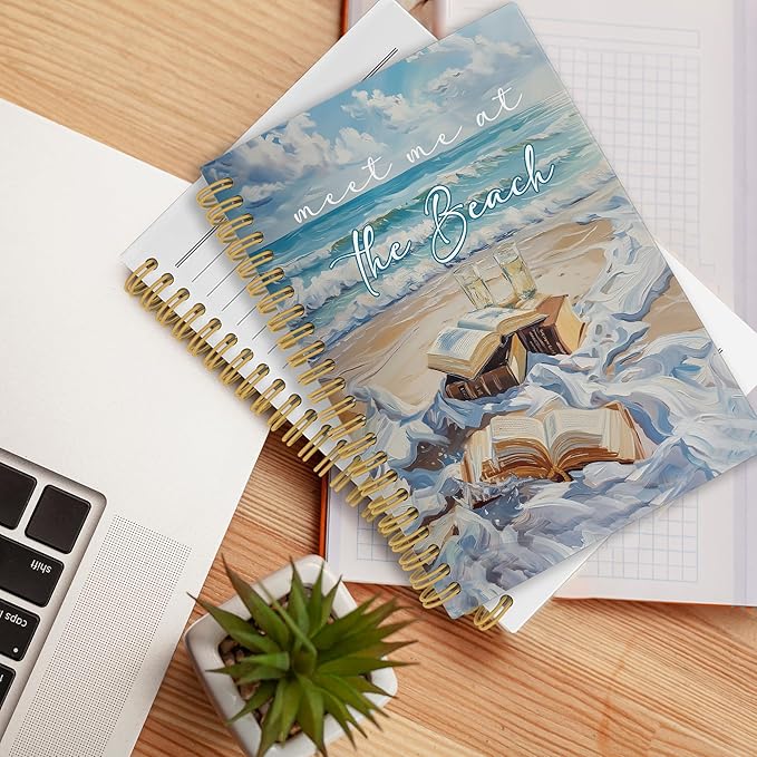 Coastal Beach Notebook, Watercolor Meet Me at the Beach Ocean Aesthetic Journal Notebooks, Ocean Themed Office School Supplies, Hardcover Spiral Notebook 5.5x8.3 Inch
