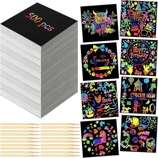 Lenwen 500 Pack Scratch Cards Rainbow Note Scratch Pads with 20 Bamboo Stylus for People Paper DIY Paper Craft Kits Birthday Party Favors Supplies(Rainbow Holographic,500)