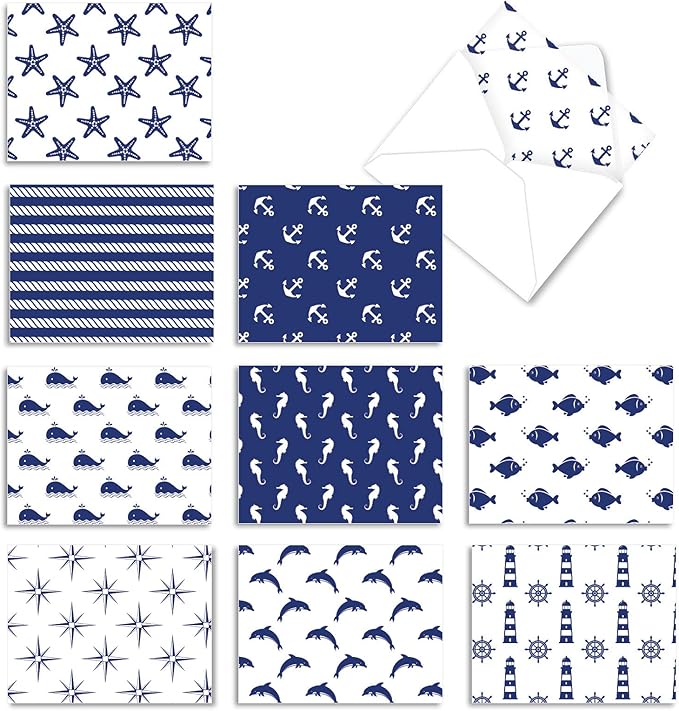 The Best Card Company - 10 All Occasion Blank Cards (4 x 5.12 Inch) - Nautical, Ocean, Sea Life Assortment of Notecards - Oceano-Graphix M3077