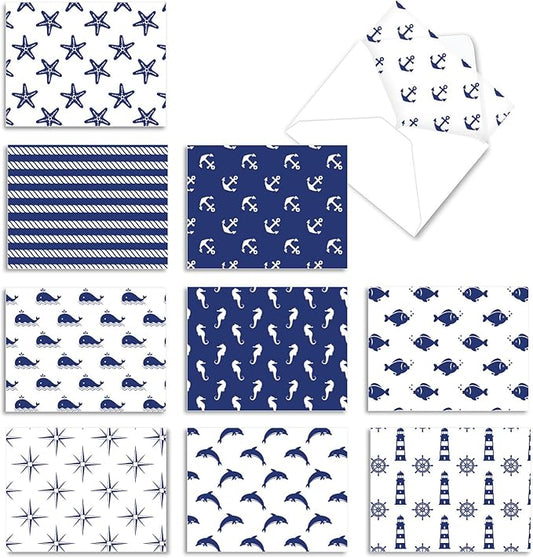 The Best Card Company - 10 All Occasion Blank Cards (4 x 5.12 Inch) - Nautical, Ocean, Sea Life Assortment of Notecards - Oceano-Graphix M3077