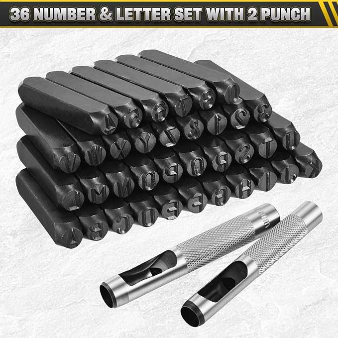 WorkBless 36PCS Metal Stamping Kit, 25/64" (10mm) Steel Number and Letter Punch Set, Include A-Z Alphabet, Number 0-8, & Symbol, Stamping Tool for Imprinting Plastic, Wood, Leather, Jewelry