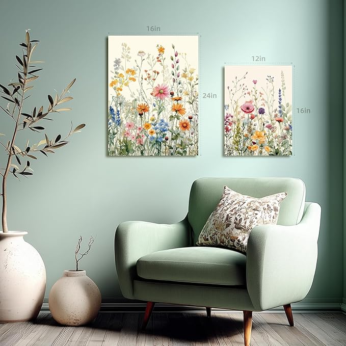 LLEEMPI Framed Watercolor Floral Wall Art Set of 3, Colorful Wildflower Wall Decor, Modern Abstract Botanical Canvas Painting, Rustic Farmhouse Poster Print for Bedroom Bathroom Office 16x24 Inch