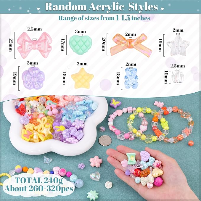 210-270PCS TINKRSTUFF Assorted Acrylic Beads, 4 Colors Mixed Cute Beads for Bracelet Making, Bow Flower GummyBear Kawaii Charms, Aesthetic Bead for Necklace Keychain Jewelry Making DIY Phone Charm