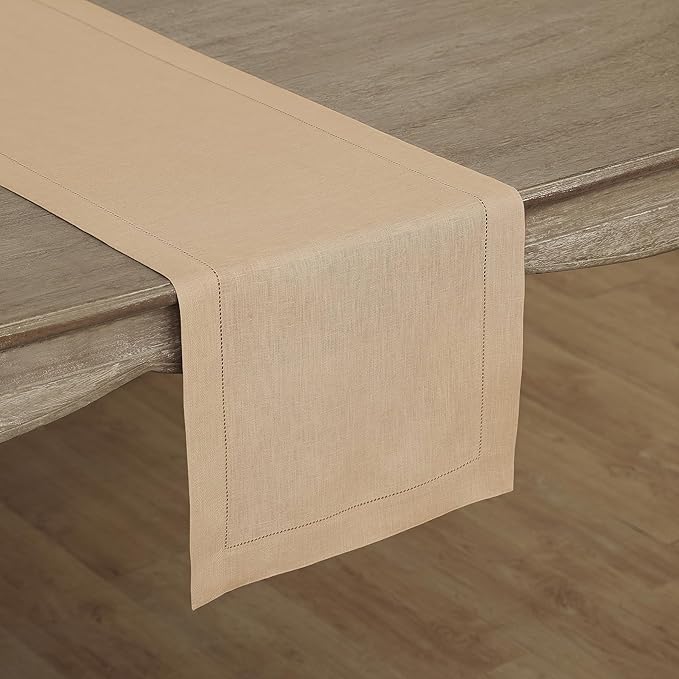 Solino Home Linen Hemstitch Table Runner 60 Inches - 100% Pure Linen Beige Table Runner 14 x 60 Inch Ideal for Dresser and Coffee Tables - Spring, Easter - Classic Hemstitch