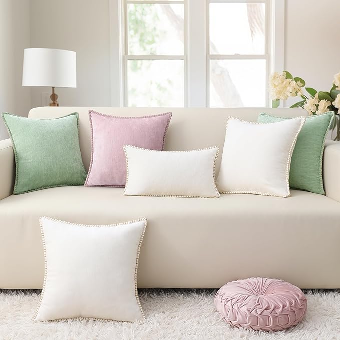 decorUhome Spring Chenille Soft Throw Pillow Covers 16x16 Set of 2, Farmhouse Velvet Neutral Decorative Pillow Covers with Stitched Edge for Couch Sofa Bed Home Decor, Sage Green