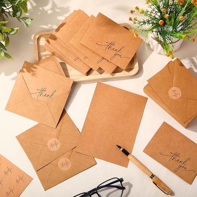 Gueevin 200 Pcs Thank You Cards with Kraft Envelopes and Stickers Bulk, 3.5 x 5 Inch Classy Blank Thank You Notes for Wedding, Business, Graduation, Baby Shower, Bridal Shower, Funeral (Brown)