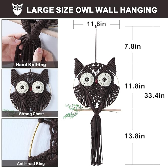 MVSUTA Owl Chocolate Cotton Handmade Macrame Wall Hanging Tapestry Home Decor Art and Bronze Craft Wonderful Decoration Woven Boho Ornament for Office Bedroom Apartment Living Room Nursery Gallery,1pc