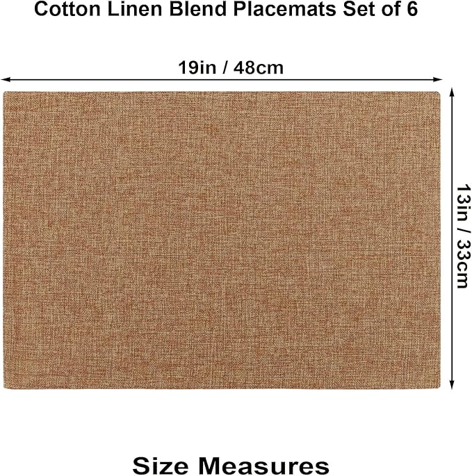 Cloth Placemats Set of 6, Cotton Linen Blend Machine Washable Double Layered Place Mats, Heat Resistant Placemats Wrinkle Free Thick Fabric Dining Table Mats for Indoors & Outdoors (Flaxen, 6)