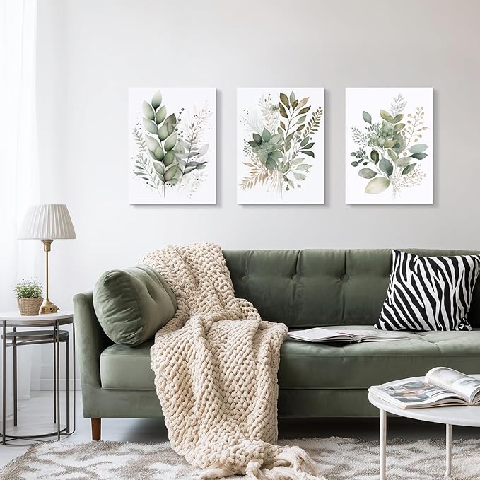 HLXRAE Framed Watercolor Botanical Wall Art Set of 3, Neutral Sage Green Bathroom Wall Decor, Modern Floral Canvas Paintings, Minimalist Farmhouse Poster Prints for Bedroom Living Room 16x24 Inch