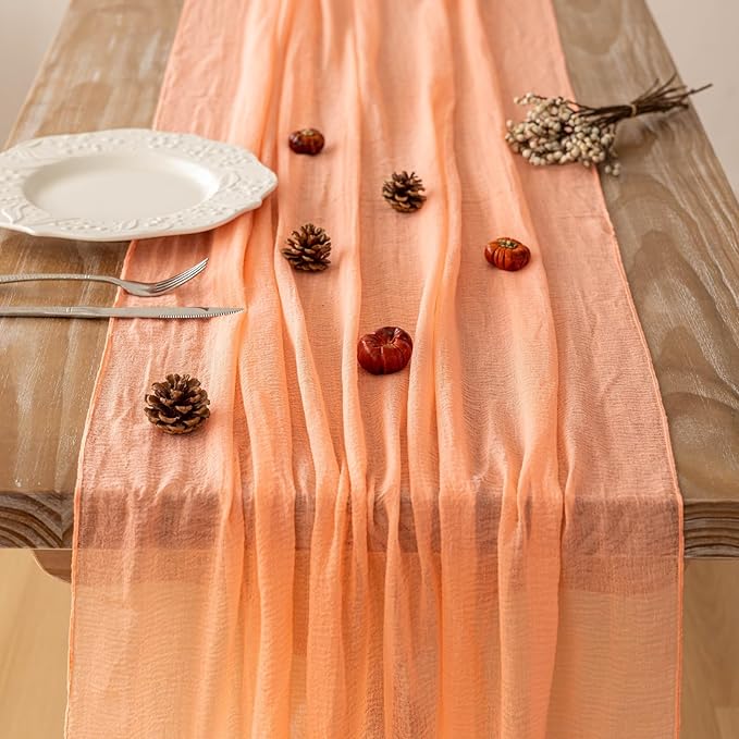 Keketoarrange Fresh Salmon Cheesecloth Table Runner Valentines Decor Peach Echo Gauze 120 Inch 10 FT Boho Table Runner for Wedding Baby Shower Bridal Shower Party Sheer Spring Home Decorations