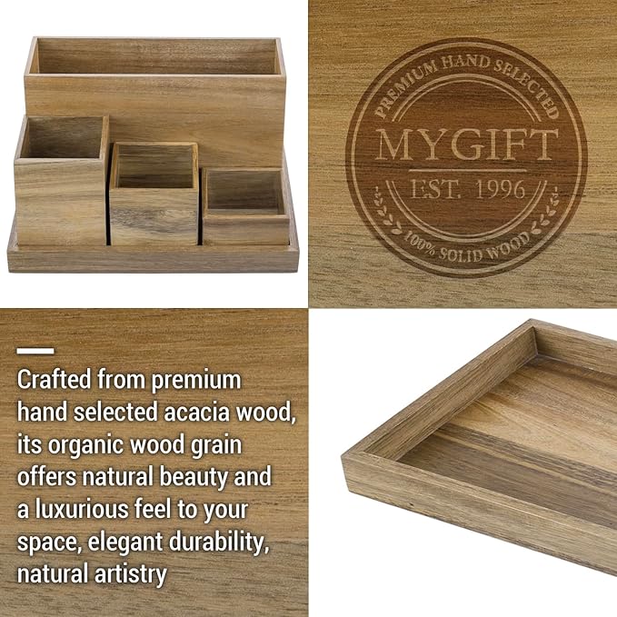 MyGift Wood Desktop Organizer, 5 Piece Premium Acacia Solid Wood Modular Desk Organizer Set with Mail Holder, Pen Holder, Paper Tray for Office Supplies, Home and Office Use