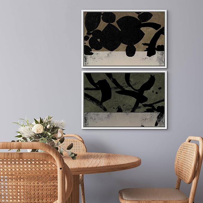 SIGNWIN Framed Canvas Print Wall Art Set Abstract Black Brushstroke Illustrations Modern Art Minimal Boho Colorful for Living Room, Bedroom, Office - 24"x36"x2 WHITE
