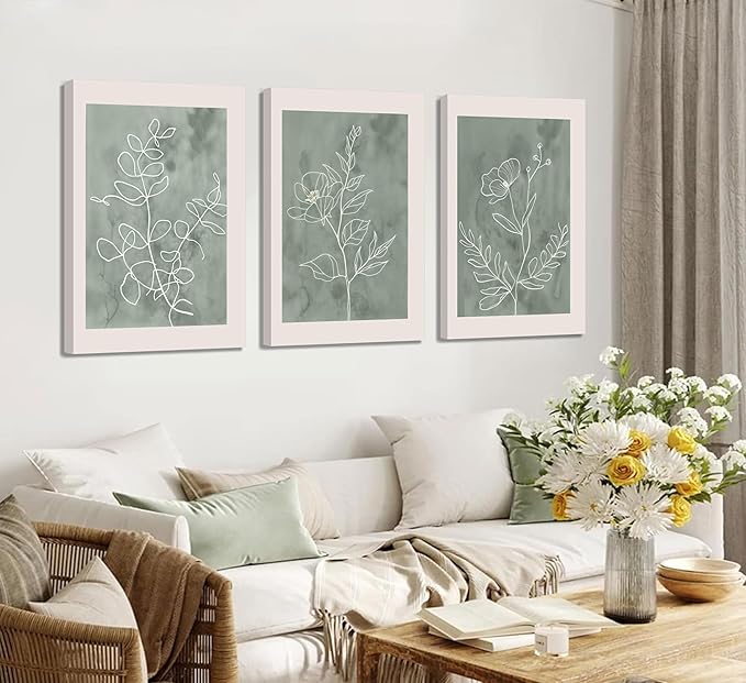 3Pcs Sage Green Botanical Wall Art Line Drawing Floral Canvas Poster Prints Modern Abstract Minimalist Picture Neutral Boho Artwork Simple Painting Wall Decor for Living Room Bedroom 12x16in Framed
