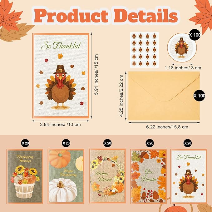 100 Pack Thanksgiving Cards with Envelopes and Stickers Fall Greeting Cards Assortment 5 Designs Fall Leaves Turkey Pumpkin Holiday Harvest 4 x 6 Blank Notes Religious Party Supply
