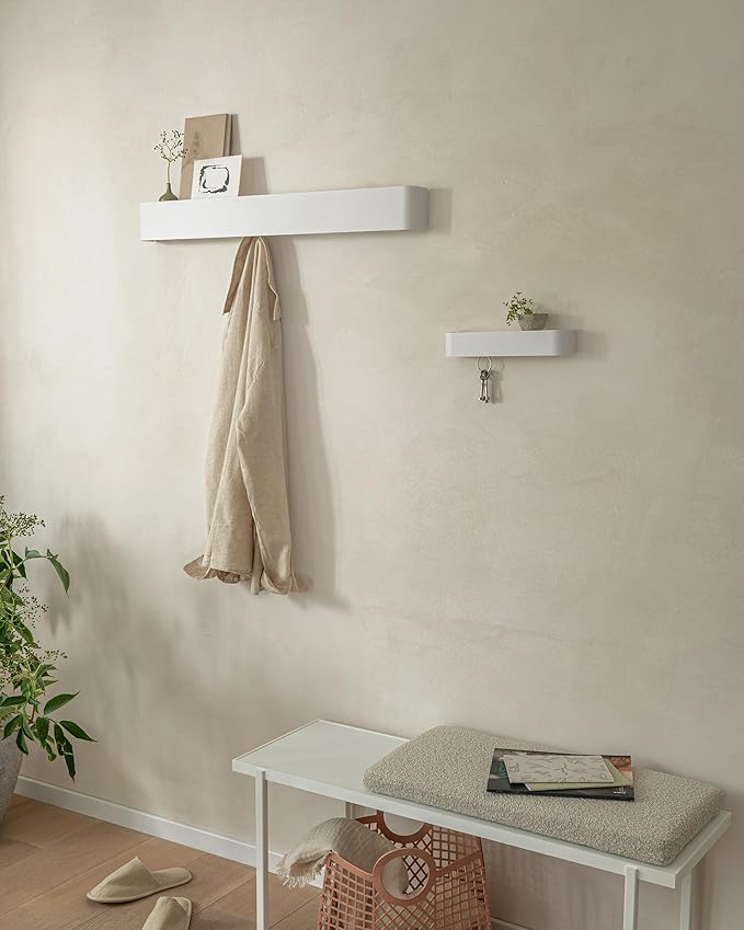 Kazai.®️ Coat Rack Wall Mount with Shelf 'Tone' | Modern Design Coat Hanger with Hidden Hooks and Storage | Hat Rack with Shelf in Metal | Wall-Mounted Purse Organizer | White