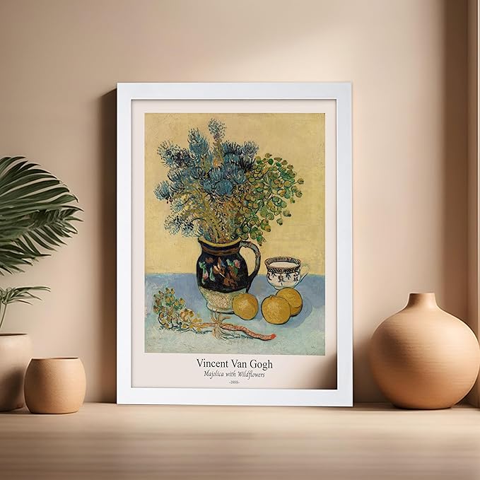 Monem Art Vintage Van Gogh Poster - Retro Majolica with Wildflowers Print - Impressionism Art - Flower Art - Fine Art - Classic Painting Art - Floral Living Room Decor - 16x20 White Framed