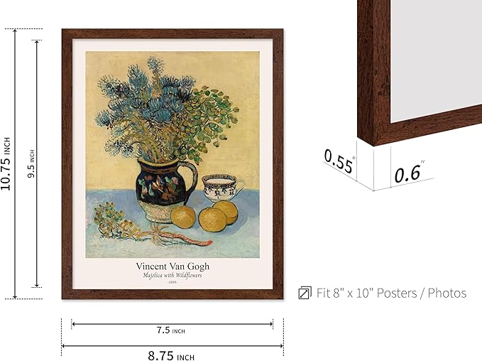 Monem Art Vintage Van Gogh Poster - Retro Majolica with Wildflowers Print - Impressionism Art - Flower Art - Fine Art - Classic Painting Art - Floral Living Room Decor - 8x10 Brown Framed