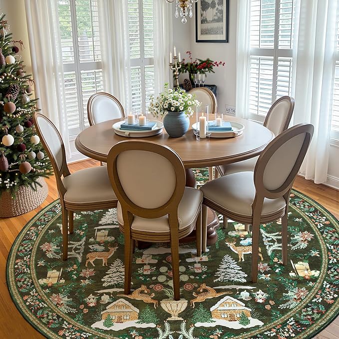 jinchan Round Christmas Rug for Dining Room 8ft Green Circle Holiday for Living Room Printed Christmas Tree and Cabin Rug 8' Soft Indoor Carpet for Bedroom Washable Non-Slip Winter Xmas Decor