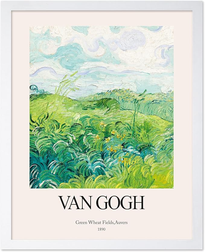 Monem Art Vintage Van Gogh Poster - Retro Impressionist Print - Green Wheat Fields, Auvers, Sky, Leaves, Landscape - Gift for Artist, Friend - Wall Decor for Home, Office, 8x10 White Framed