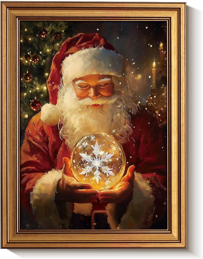 Bzstyleart Vintage Wall Art Decor,Vintage Chiristmas Wall Art Framed,12 x 16 Inch Framed Christmas Decorations Indoor Winter Decor,Christmas Santas Claus Holding a Glass Ball