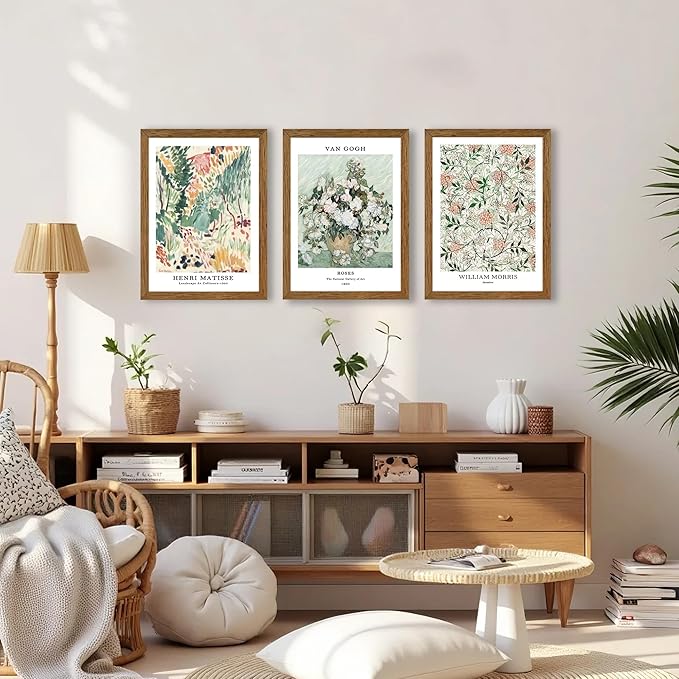 InspiredHues 3 Piece Sage Green Vintage Canvas Wall Art Landscape Flower Botanical Canvas Wall Decor Henri Matisse Van Gogh William Morris Artwork Prints for Bedroom Living Room 12x16 In Wood Frame