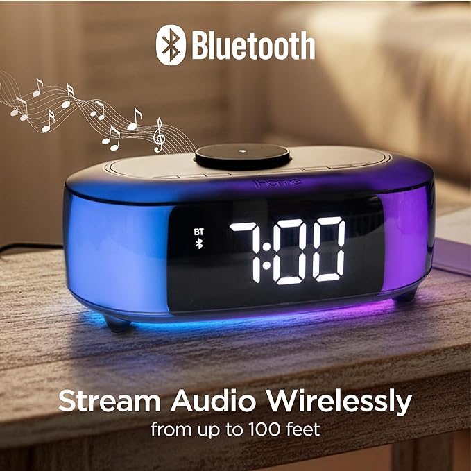iHome Alarm Clock Radio with Qi2 Magnetic Wireless Charger, Bluetooth Speaker, and 2 USB Chargers (iBTW282)