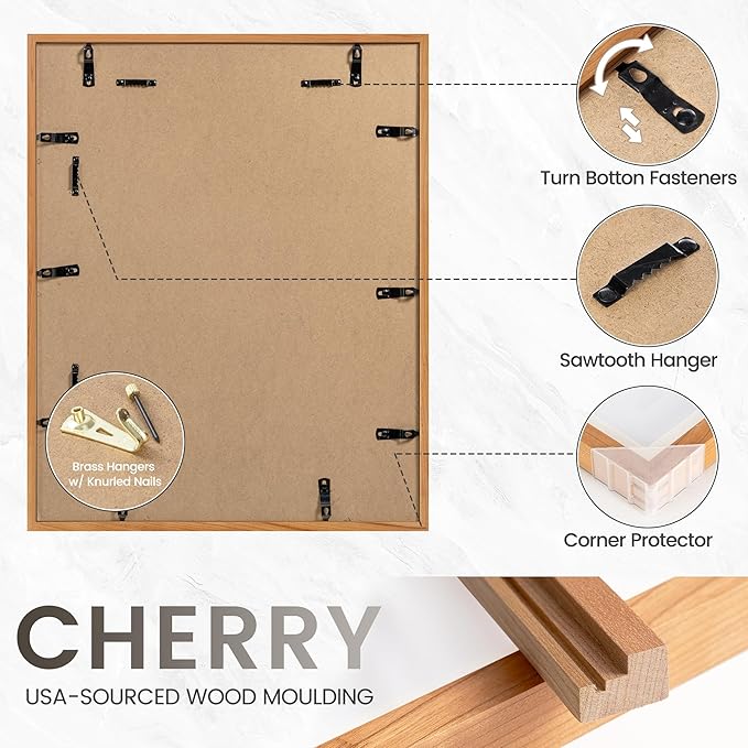 18x24 Poster Frame, USA-Sourced Natural Cherry Wood Picture Collage Frame with HD Tempered Glass, Modern Simple 18 x 24 Wooden Photo Frame Matted to 16x20, Vertical & Horizontal Wall Hanging Display