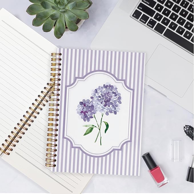 Coquette Preppy Purple Hydrangea Notebooks, Purple and White Stripes Girly Floral Journal, Aesthetic Hydrangea Flower Spiral Notebook Journal for Note Taking, Girly Office Supplies, 5.5x8.3 Inch