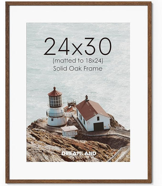 Dreamland Natural Oak Wood Picture Frame 24x30, Wooden Poster Frame with Mat for 18x24, 24 x 30 Matted Picture Frames with Tempered Real Glass for Wall Art Photo and Prints, Walnut Color, Set of 1