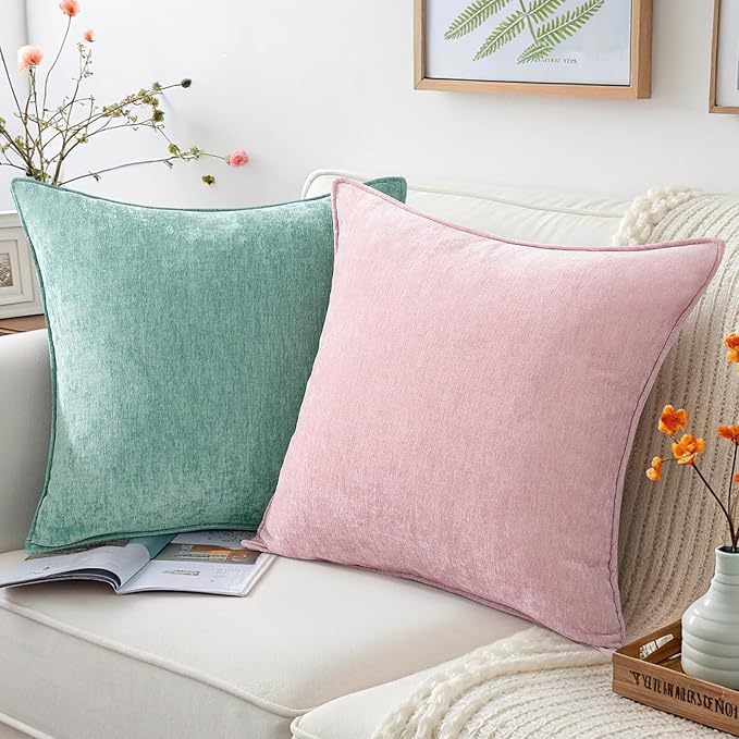 decorUhome Spring Couch Throw Pillow Covers 18x18 Set of 2, Decorative Soft Velvet Neutral Chenille Pillow Covers with Elegant Design for Sofa Bed Living Room Home Decor, Aqua Haze