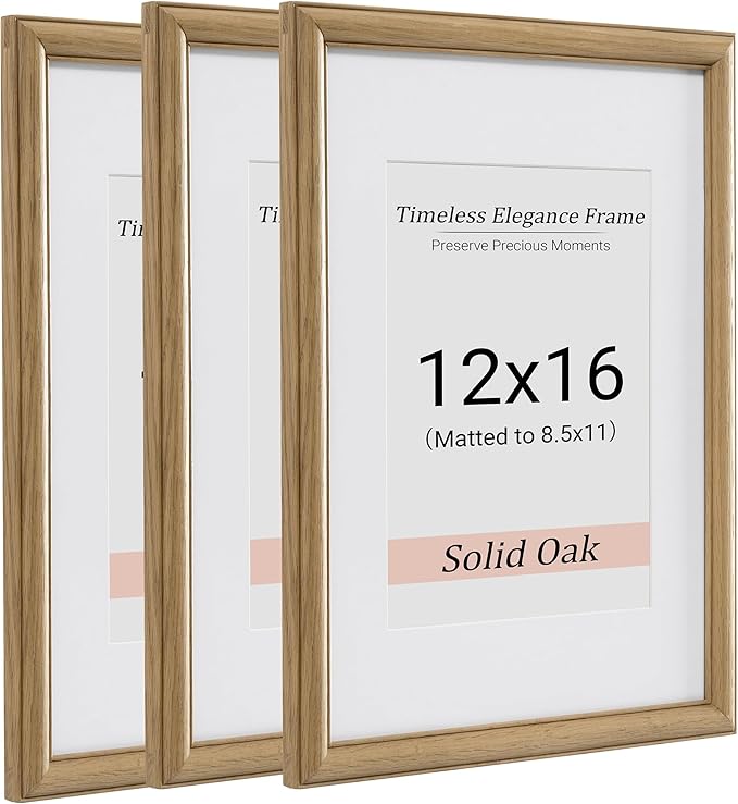 Heimlove 12x16 Picture Frame,12 x 16 Solid White Oak Photo Frame Matted to 8.5x11 with Tempered Glass,12"x16" Handcrafted wood Poster Frame,Vertical or Horizontal Wall Hanging Display,3 Pack