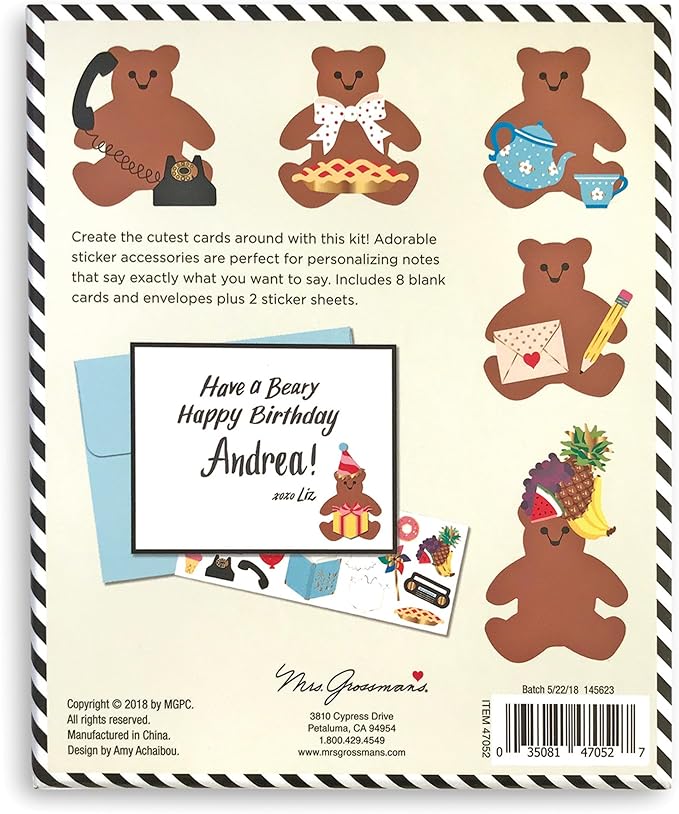 Mrs. Grossman's Design Your Own Sticker Notecards Card Making Kit - includes 8 Cards, Envelopes, and Classic Stickers - Create DIY Thank You, Birthday, Greeting Cards (Beary Busy)