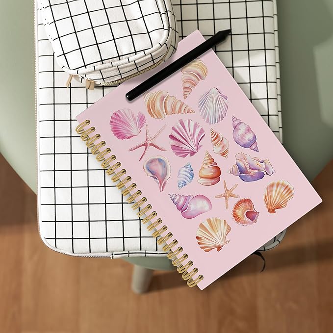 Preppy Beach Notebook, Pink Coastal Preppy Beach Seashell Aesthetic Journal Notebooks, Ocean Journal, Pink Office Supplies, Ocean Hardcover Spiral Notebook 5.5x8.3 Inch