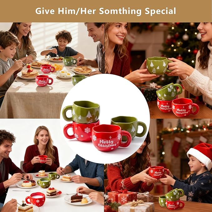 4pcs Cute Ceramic Coffee Mug, 9.4OZ Handmade Porcelain Tea Mugs, Ceramic Cup Sets for Matcha, Dishwasher & Microwave Safe, Christmas Gift(Christmas Tree)