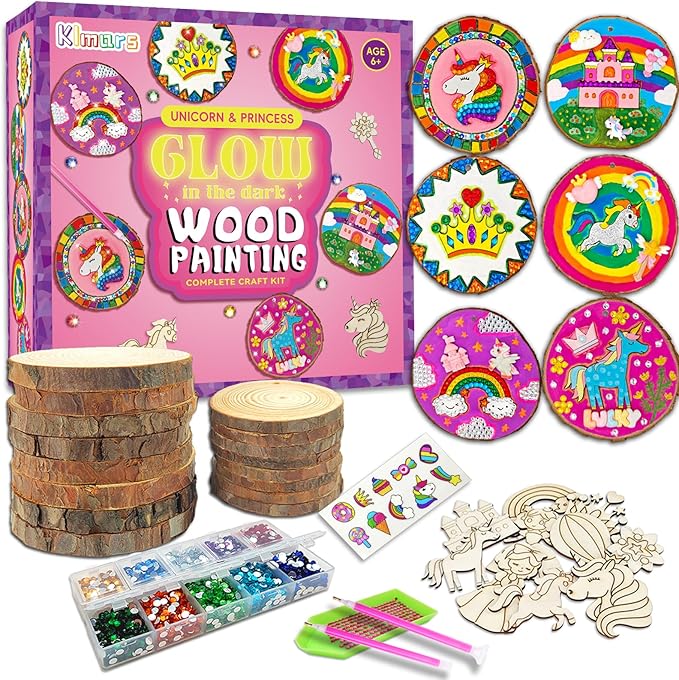 klmars Unicorn Themed Wooden Painting Kit-Glow in The Dark-Arts & Crafts Gifts for Kids Girls Ages 5-12-Wood Slice Craft Activities Kits -Unicorn Art Toys for Kids Christmas Gifts
