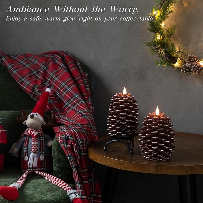 Pinecone Flameless Candles with Remote Timer, 2 Pack Real Wax Battery Operated LED Candles for Christmas Decorations, Rustic Holiday Table Centerpieces, Winter Home Décor Brown