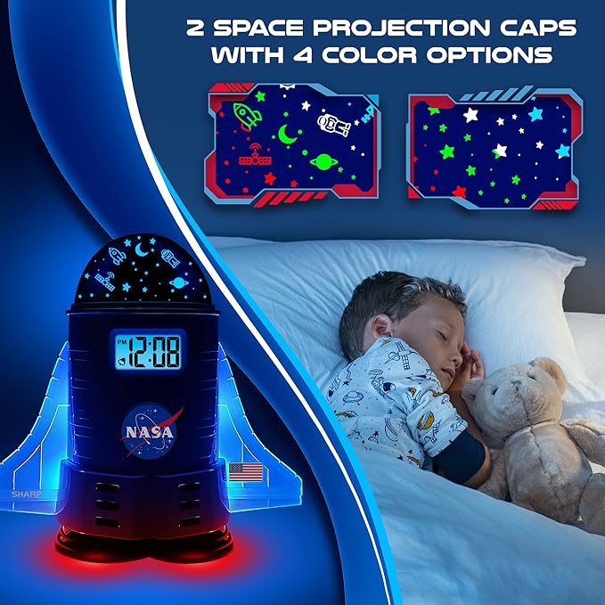 Sharp NASA Space Shuttle Night Light Alarm Clock – Wings and Booster Lights Up – Space Design Nightlight Fun with 4 Color Options and 2 Space Themes for Bedroom, Great Gift!