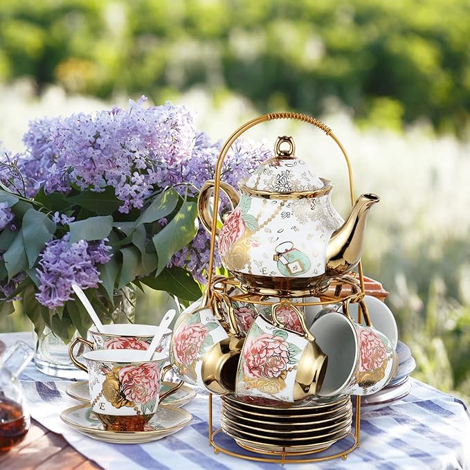 Zhehao 20 Pcs Porcelain Tea Set with Metal Holder and Spoon Adult Ceramic Tea Set European Flower Painting Teapot Cup Saucer Spoon for Women, Large Version(Bright Style)