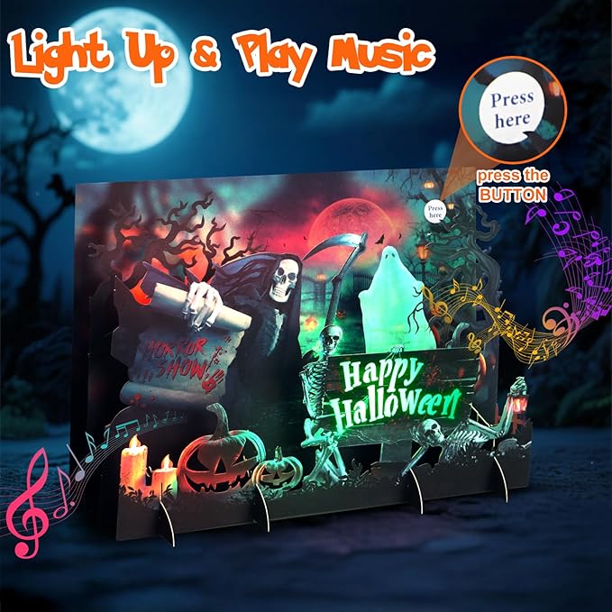 Halloween Cards, Happy Halloween Greeting Card, 3D Popup Card with Light and Music, Horror Skull, Pumpkin, Holiday Gift Card for Husband Wife Mom Men Women